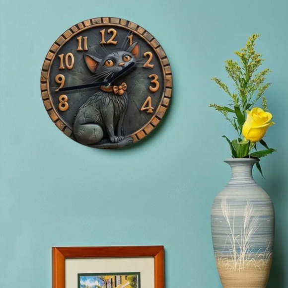 NIB! Adorable Black Cat with Orange Bow Tie Clock! - Picture 2 of 6